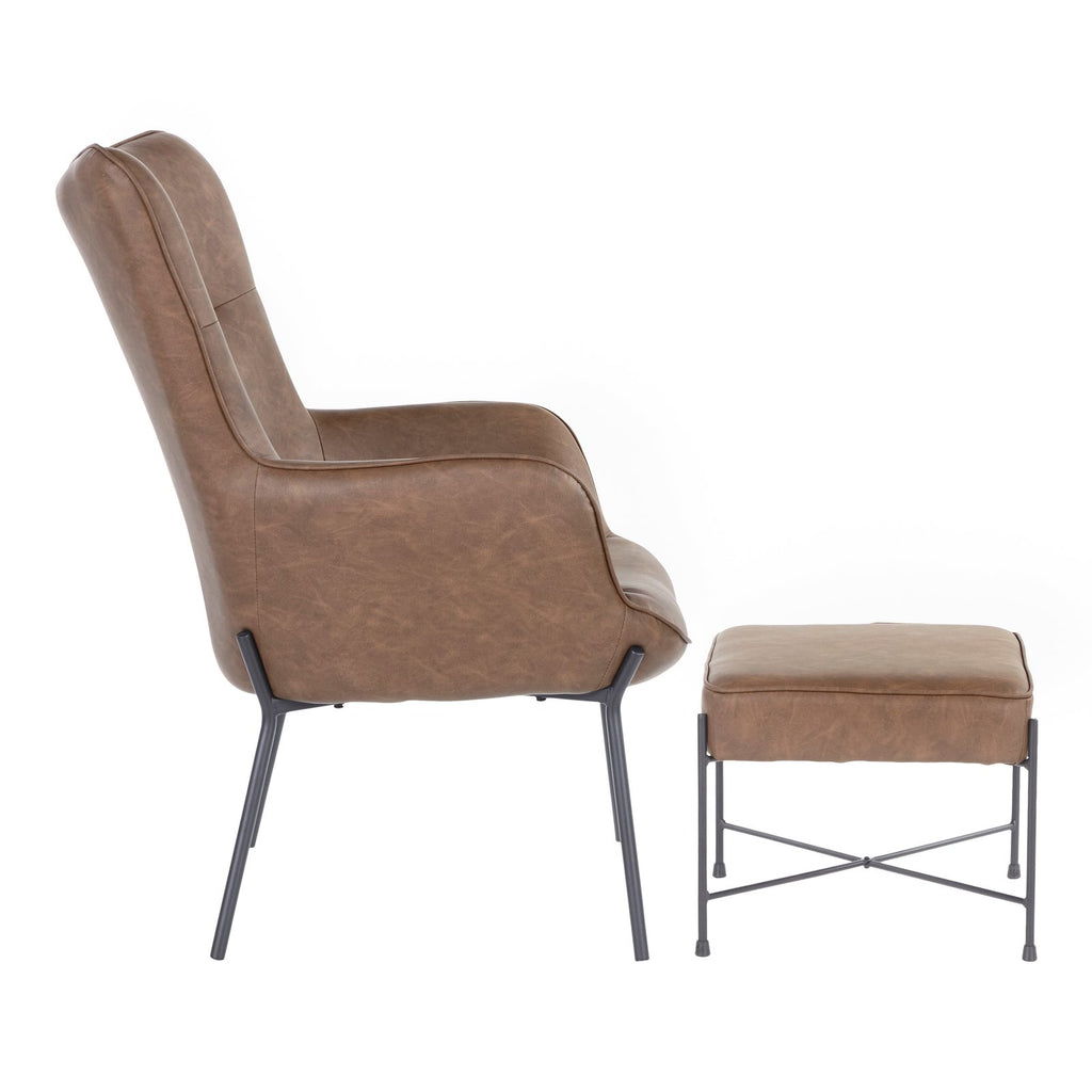 Industrial Lounge Chair and Ottoman Set in Black Metal and Espresso Faux Leather D2163