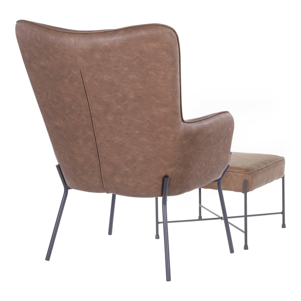 Industrial Lounge Chair and Ottoman Set in Black Metal and Espresso Faux Leather D2163