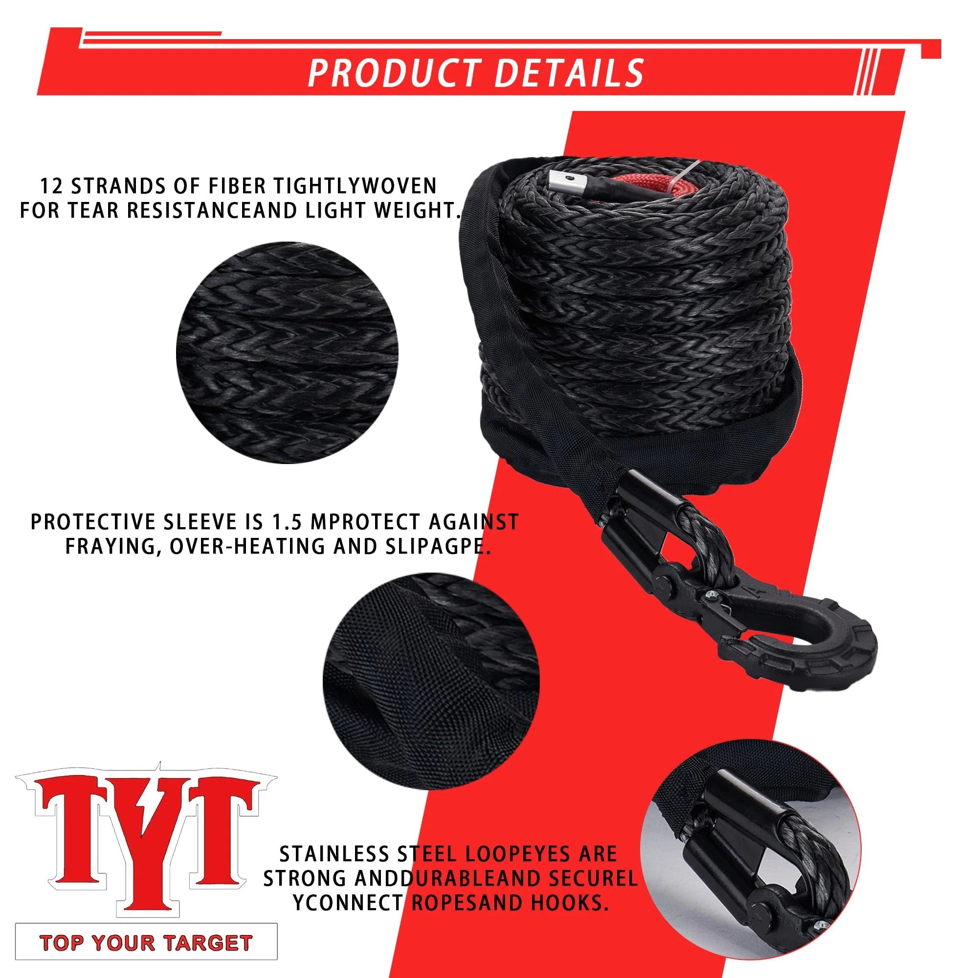 Synthetic Winch Rope Kit 1/2" x 92' 32000 lbs with Protective Sleeve, Heavy Duty Hook and Safety Pull Strap W19116