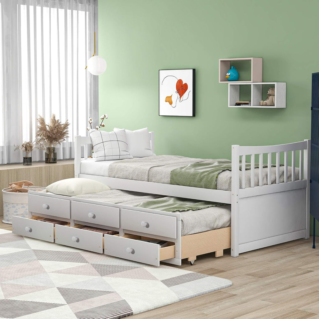 White Twin Captain's Bed with Trundle and Drawers E91675