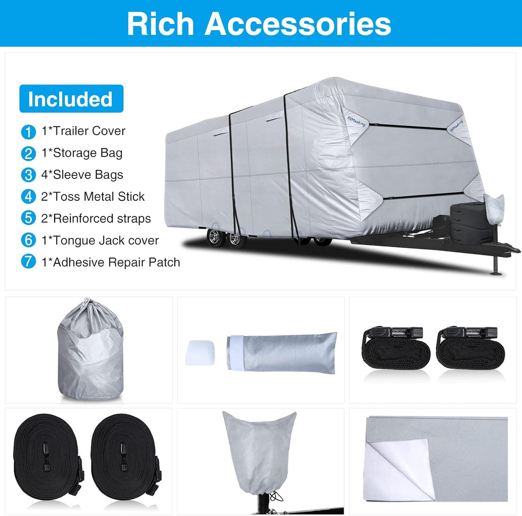 Rip-Stop RV Cover Windproof Waterproof Travel Trailer Cover Fits 18'1" - 20' Long with Gutter Covers T968