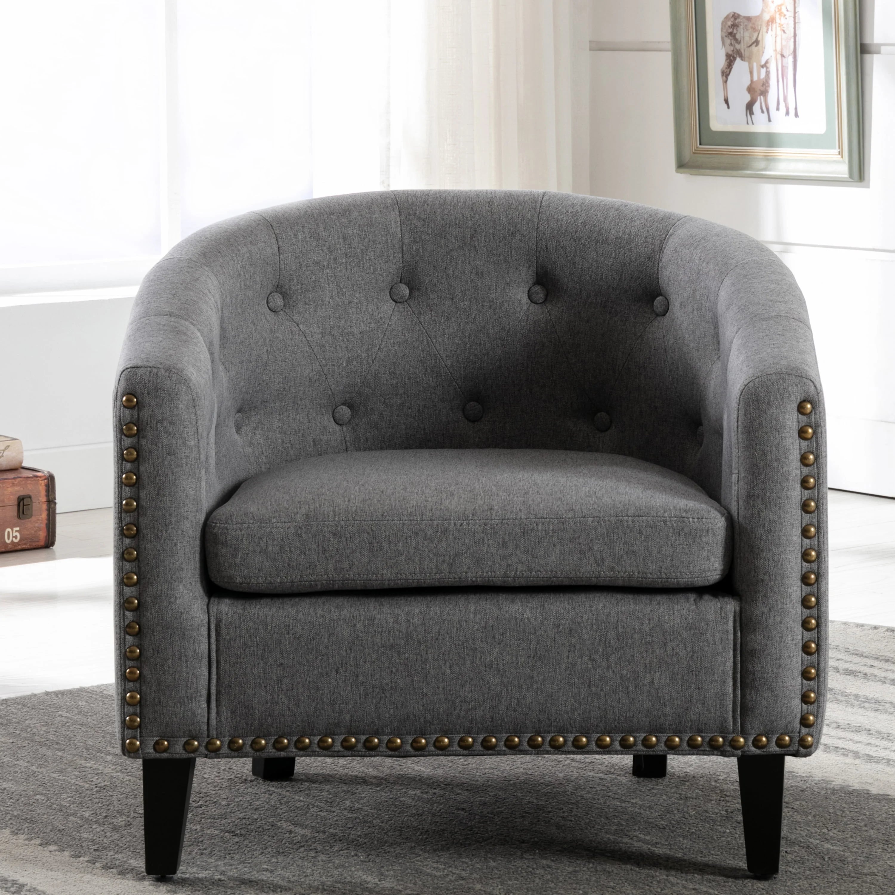 Linen Fabric Tufted Barrel Chair D490383