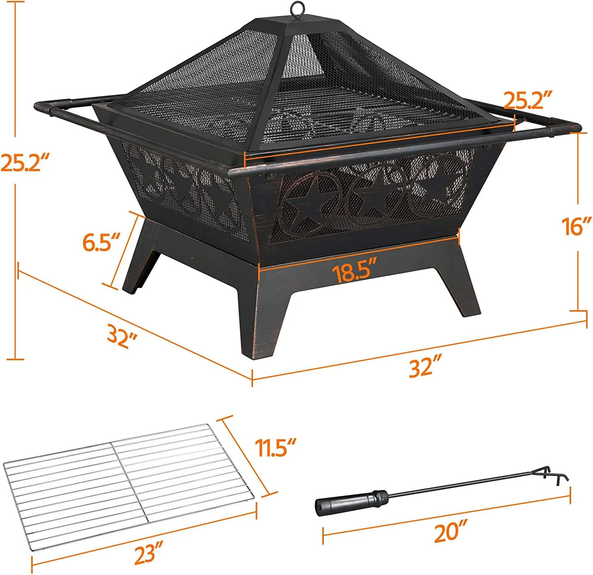 32in Square Wood Burning Fire Pit with Spark Screen, Mesh Cover, Poker V8228
