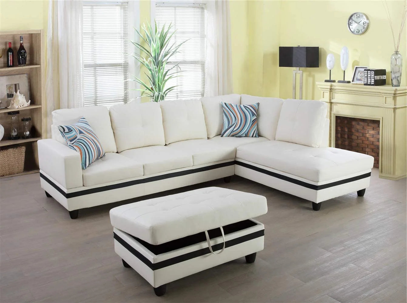 Black&White Leather Sectional Sofa Set with Storage Ottoman and Matching Pillows U499