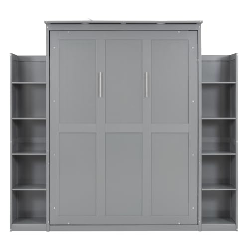 Gray Full Size Wooden Murphy Bed with Shelves and LED Lights O37251