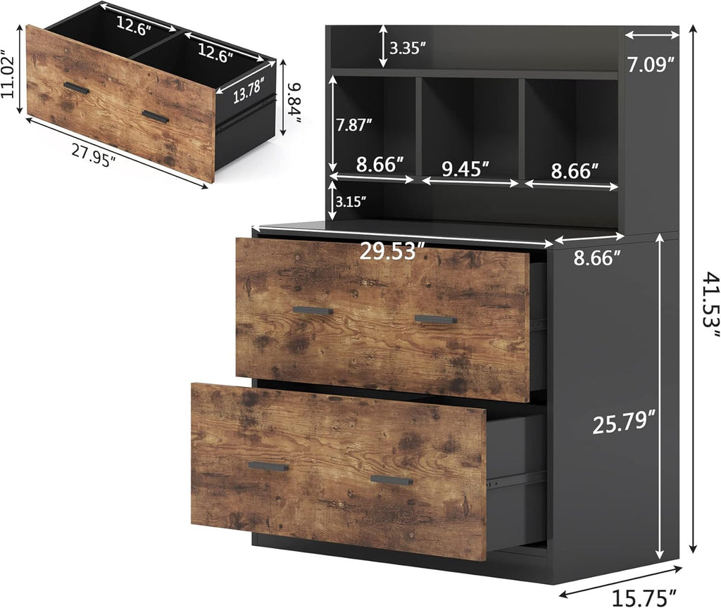 Black & Rustic Wood 2 Drawers Lateral File Cabinet with Storage Shelf W7576