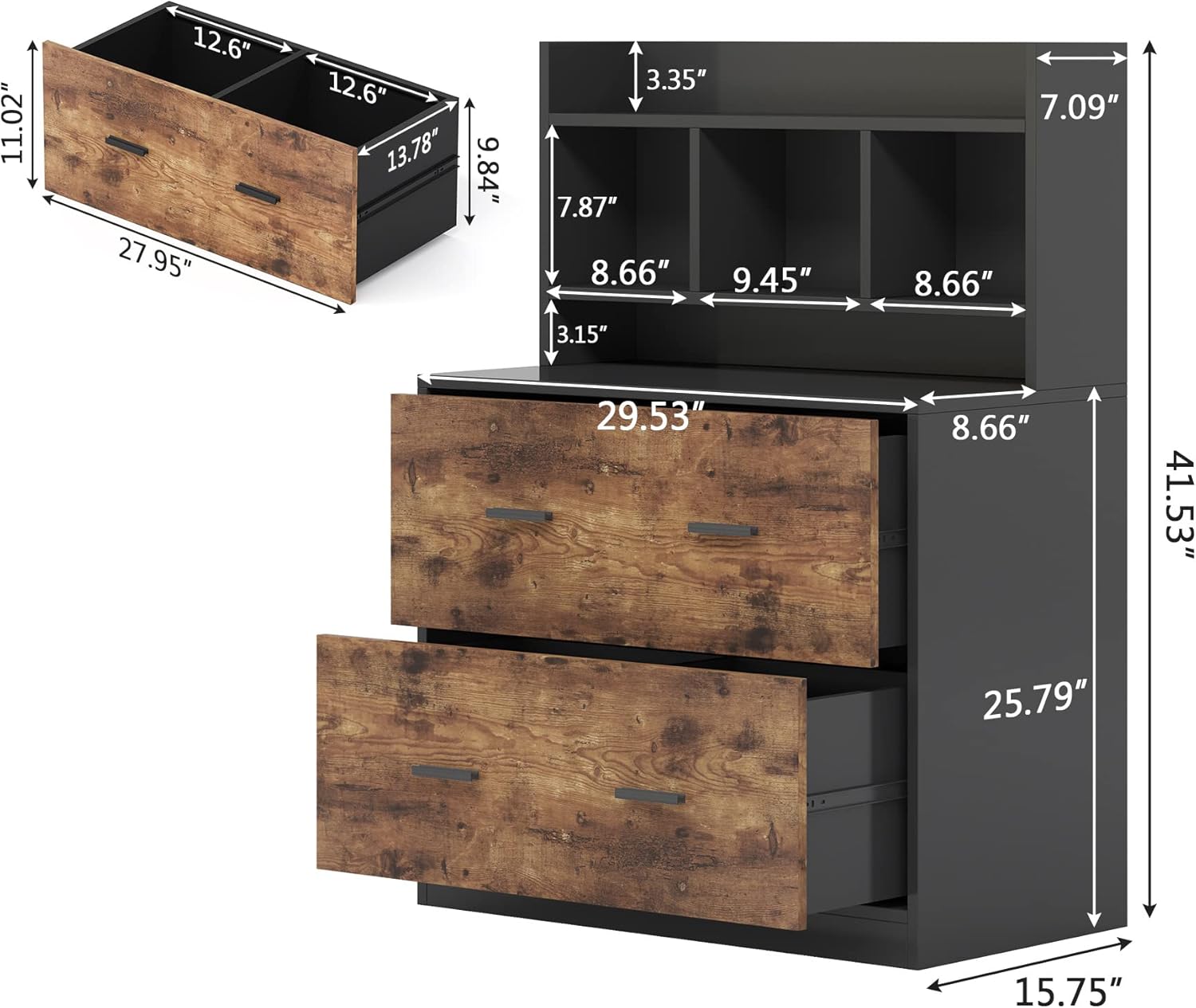 Black & Rustic Wood 2 Drawers Lateral File Cabinet with Storage Shelf W7576