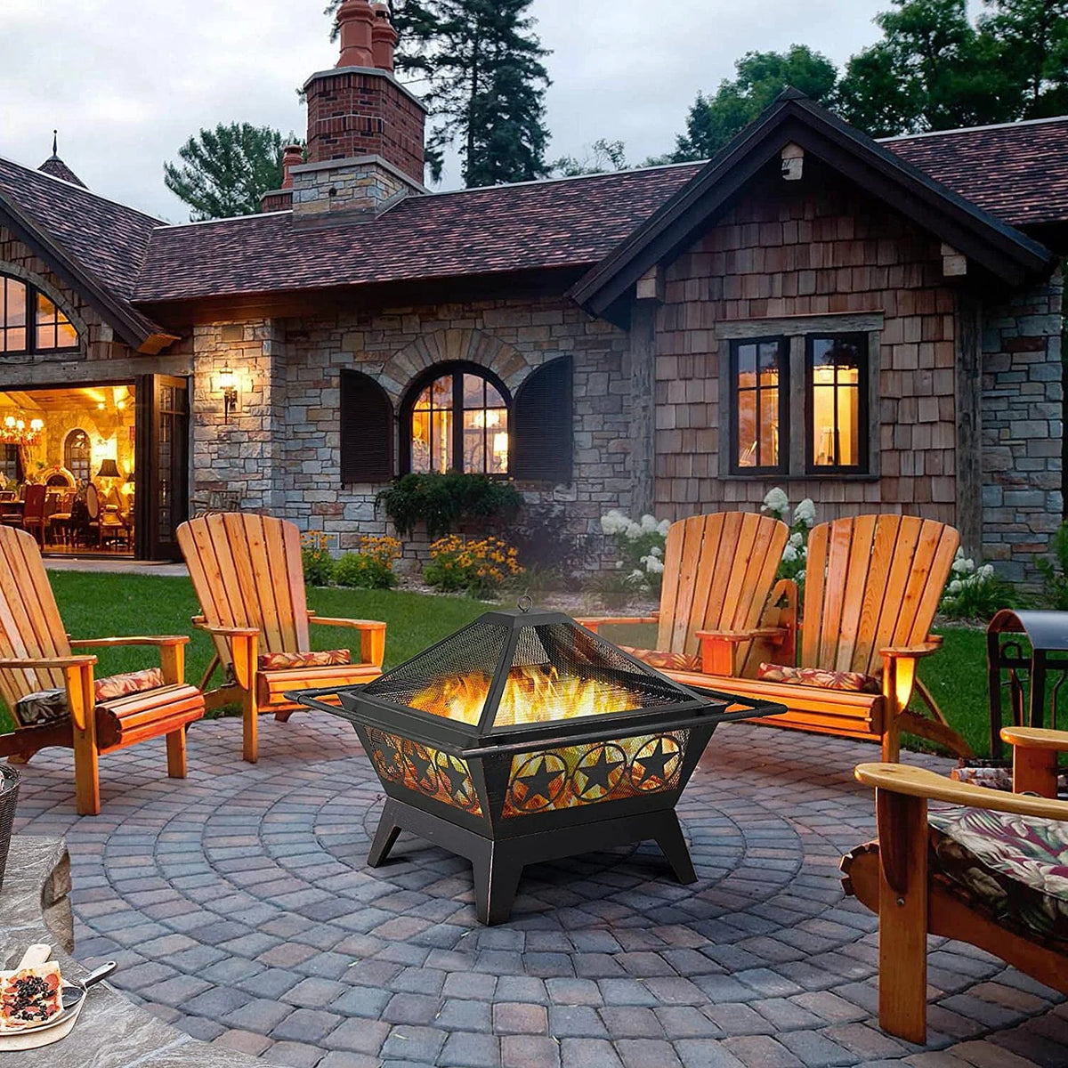 32in Square Wood Burning Fire Pit with Spark Screen, Mesh Cover, Poker V8228