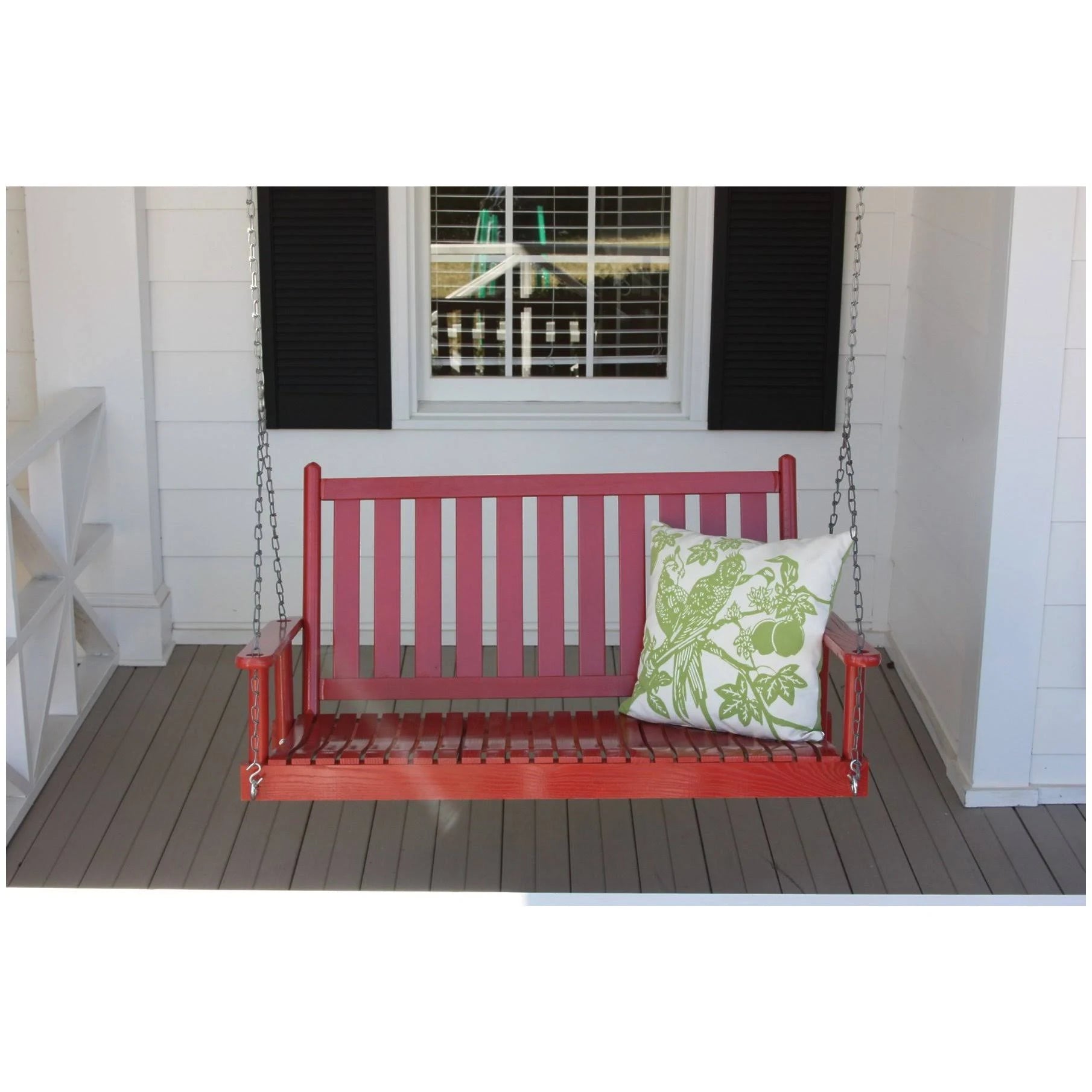 Red Wood Porch Swing with Vertical Slat Back and Seat P834