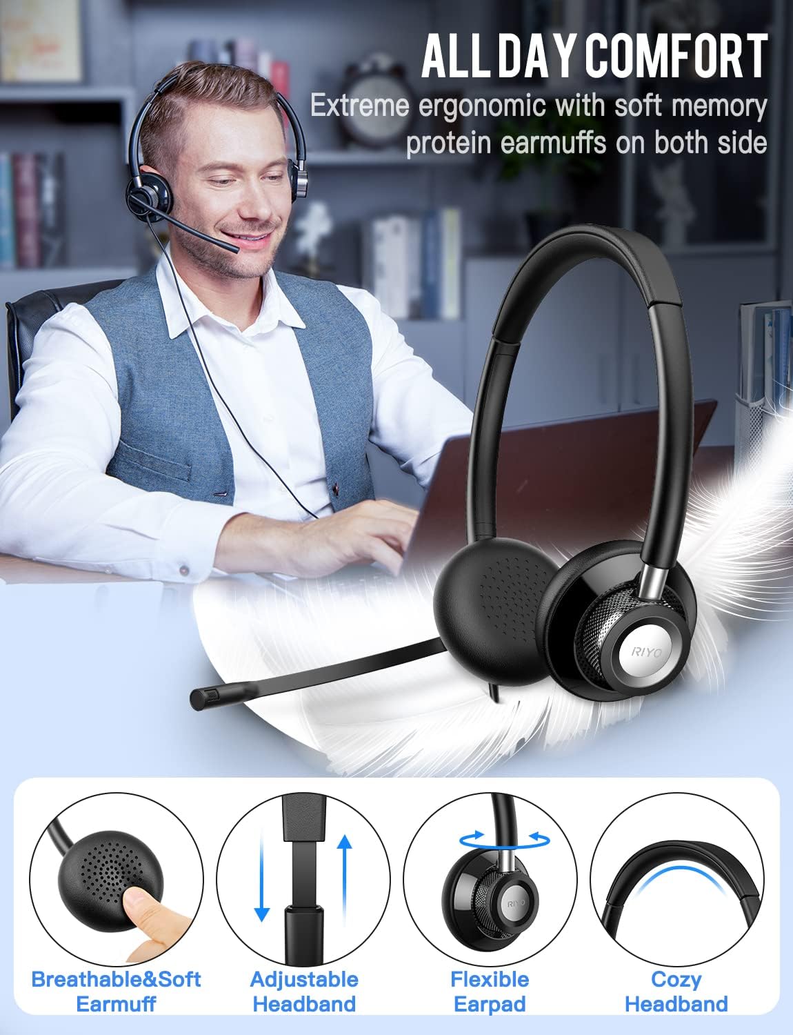 USB Headset with Rotatable Mic, Stereo Wired Headset, USB-C Adapter, Pack of 2 R421010