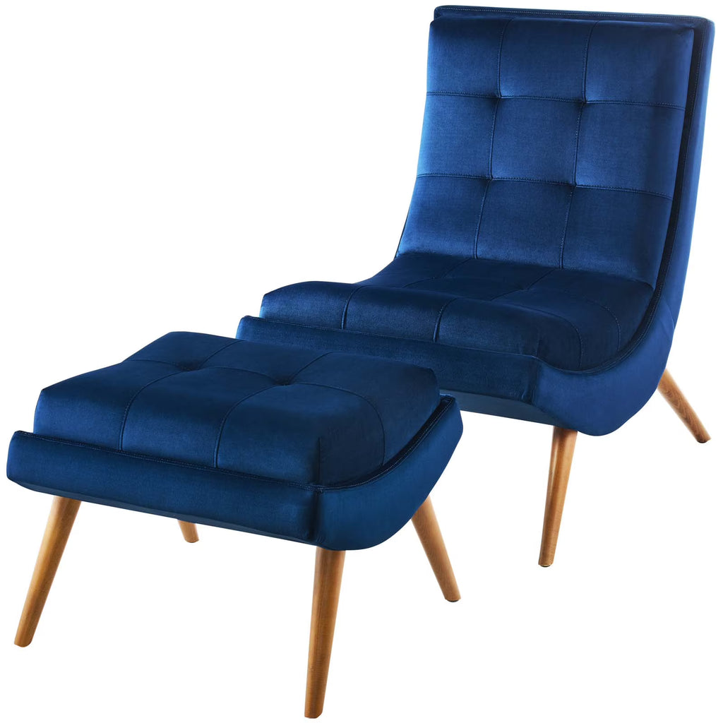 Navy Blue Velvet Accent Side Chair and Ottoman G32959