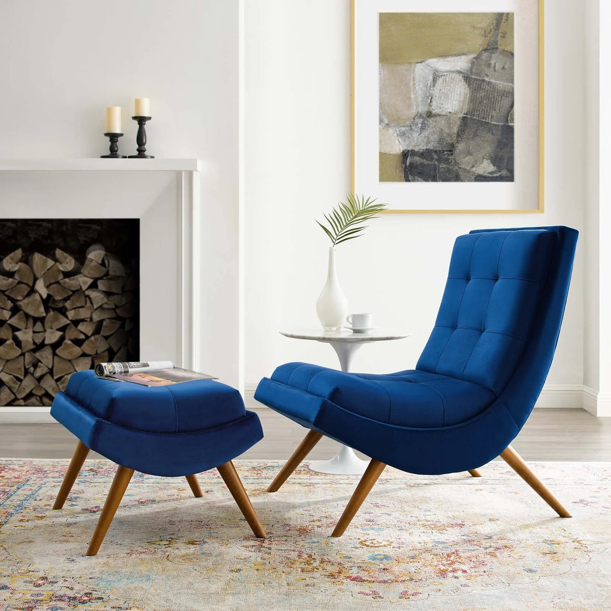 Navy Blue Velvet Accent Side Chair and Ottoman G32959