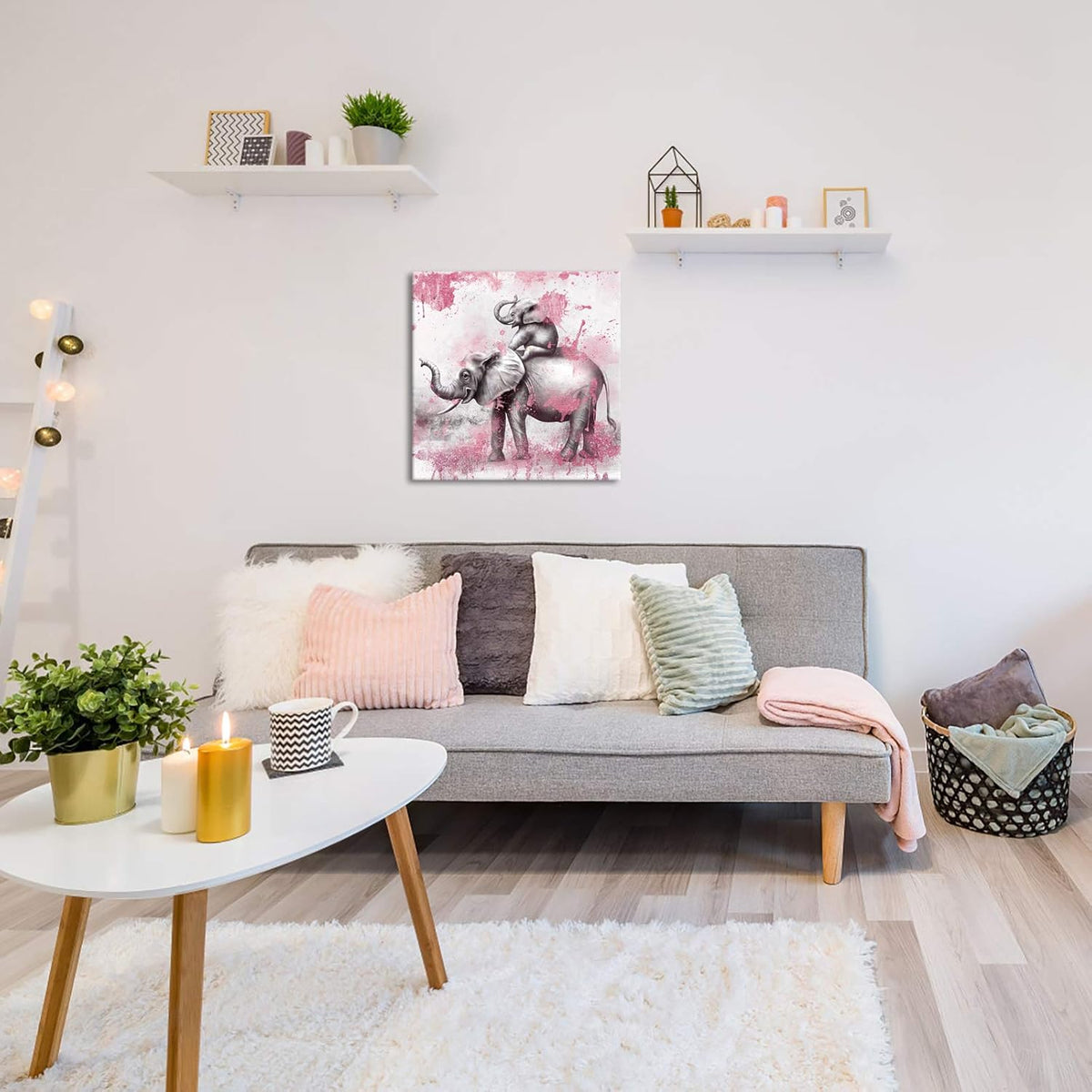 Pink and Grey Elephant Canvas Painting Print 24x24 Inch Pack of 2 Q264
