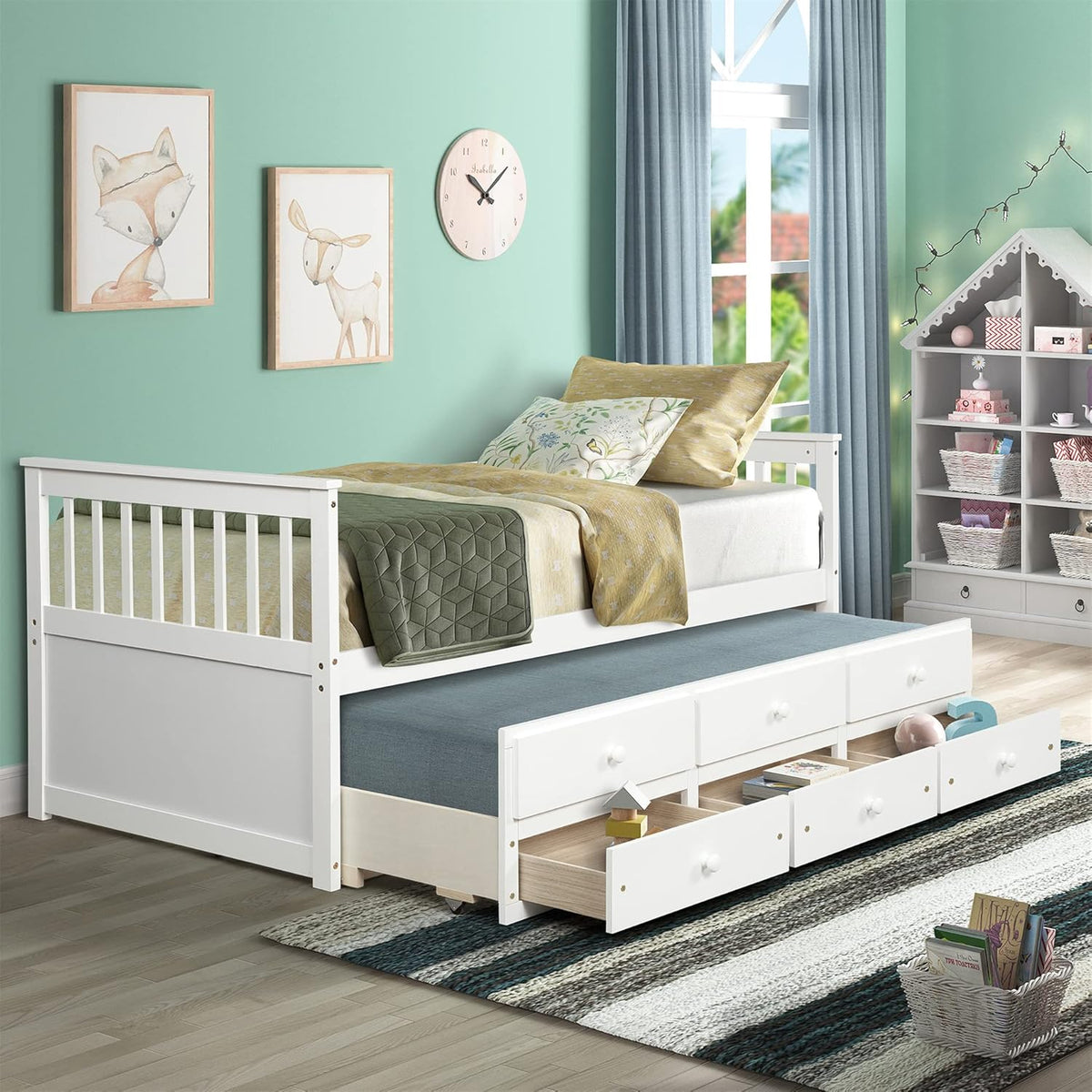 White Twin Captain's Bed with Trundle and Drawers E91675