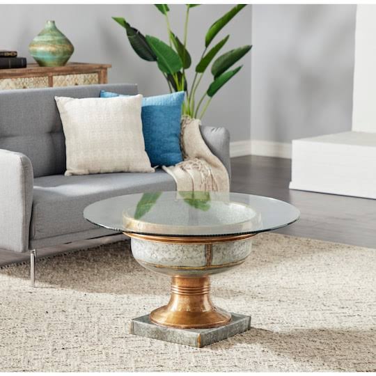 Gray Tempered Glass Metal Coffee Table J65687