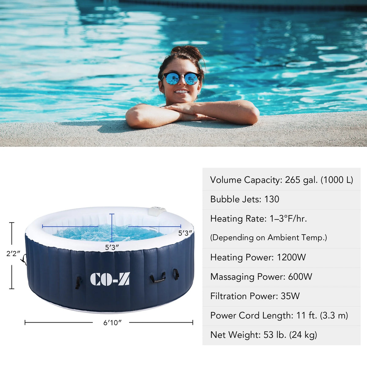 Blue 6-Person Inflatable Hot Tub with 140 Jets D505398