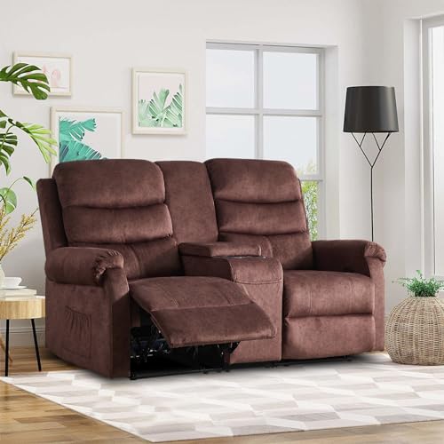 Grey Linen Manual Loveseat Recliner with Storage Console F3942
