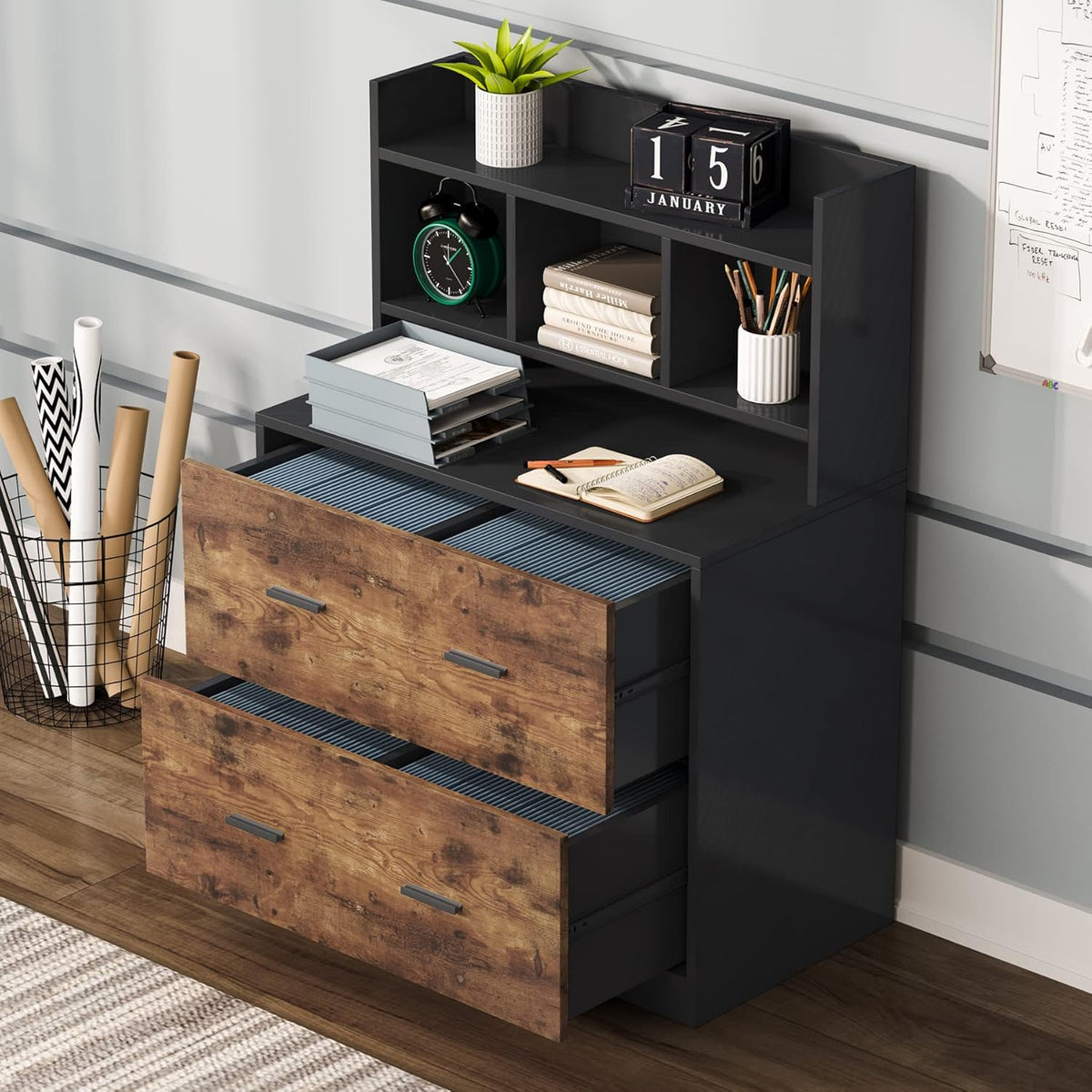 Black & Rustic Wood 2 Drawers Lateral File Cabinet with Storage Shelf W7576
