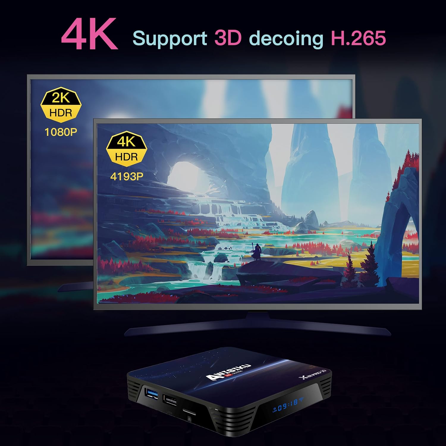 4GB 64GB Smart TV Box USB 3.0 4K HDR WiFi Bluetooth Set Top Box Pack of 2 W108751