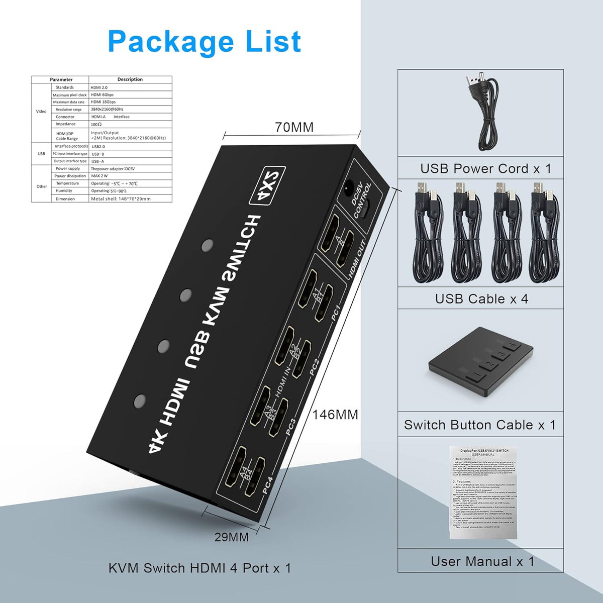4 Port HDMI KVM Switch 4K@60Hz 4 in 2 Out B930