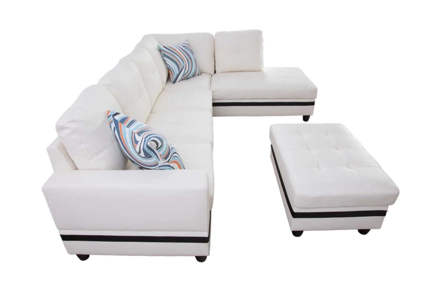 Black&White Leather Sectional Sofa Set with Storage Ottoman and Matching Pillows U499