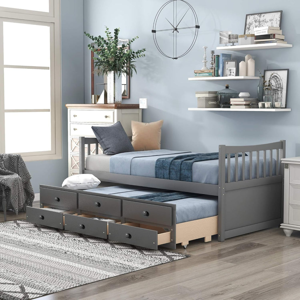 White Twin Captain's Bed with Trundle and Drawers E91675