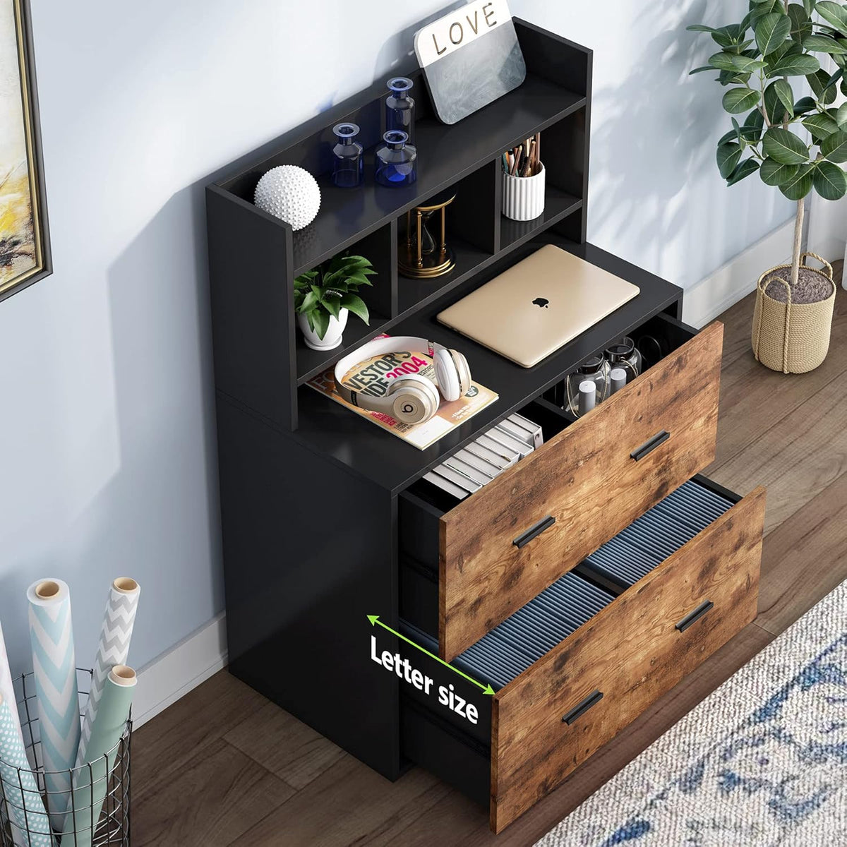 Black & Rustic Wood 2 Drawers Lateral File Cabinet with Storage Shelf W7576