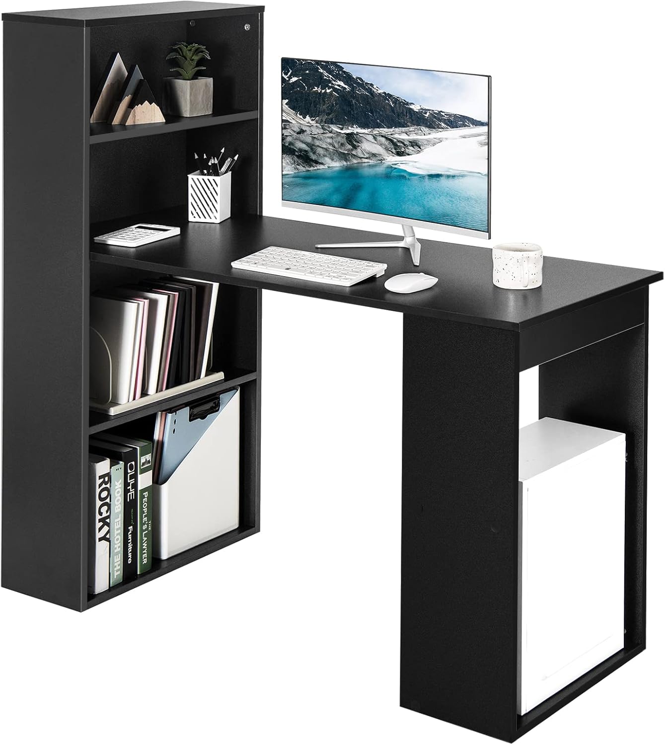 Black Computer Desk with Bookcase and Storage Shelves D3358