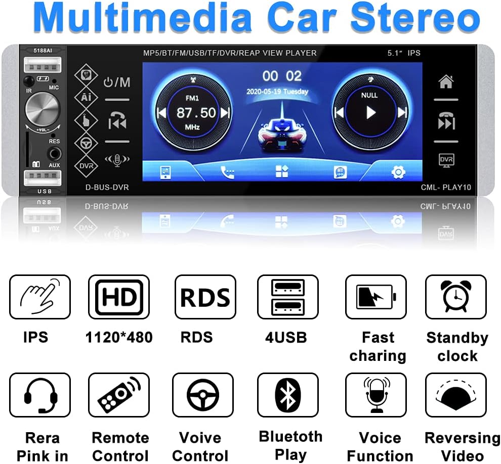 1 Din Bluetooth Touchscreen Car Stereo with Backup Camera I135102