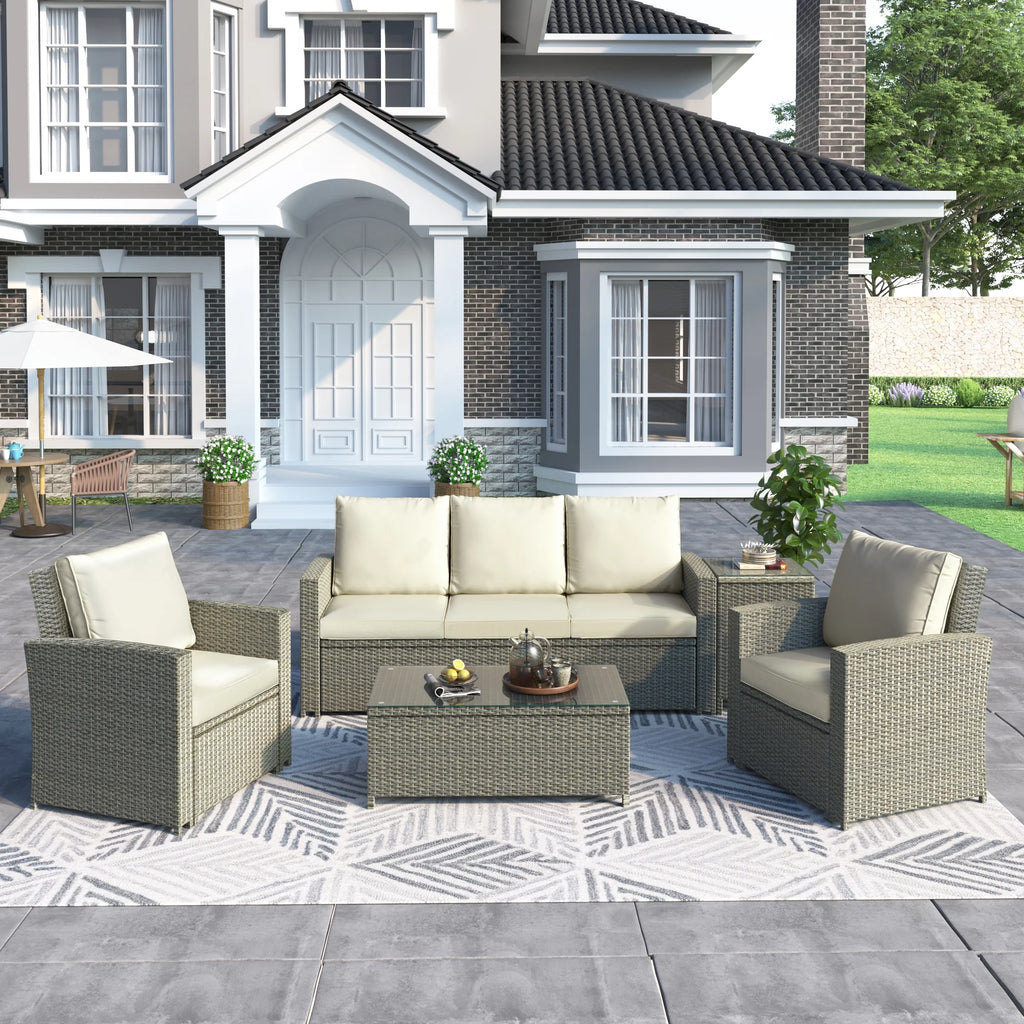 5 Piece Rattan Sectional Seating Group with Cushions and Table W449907