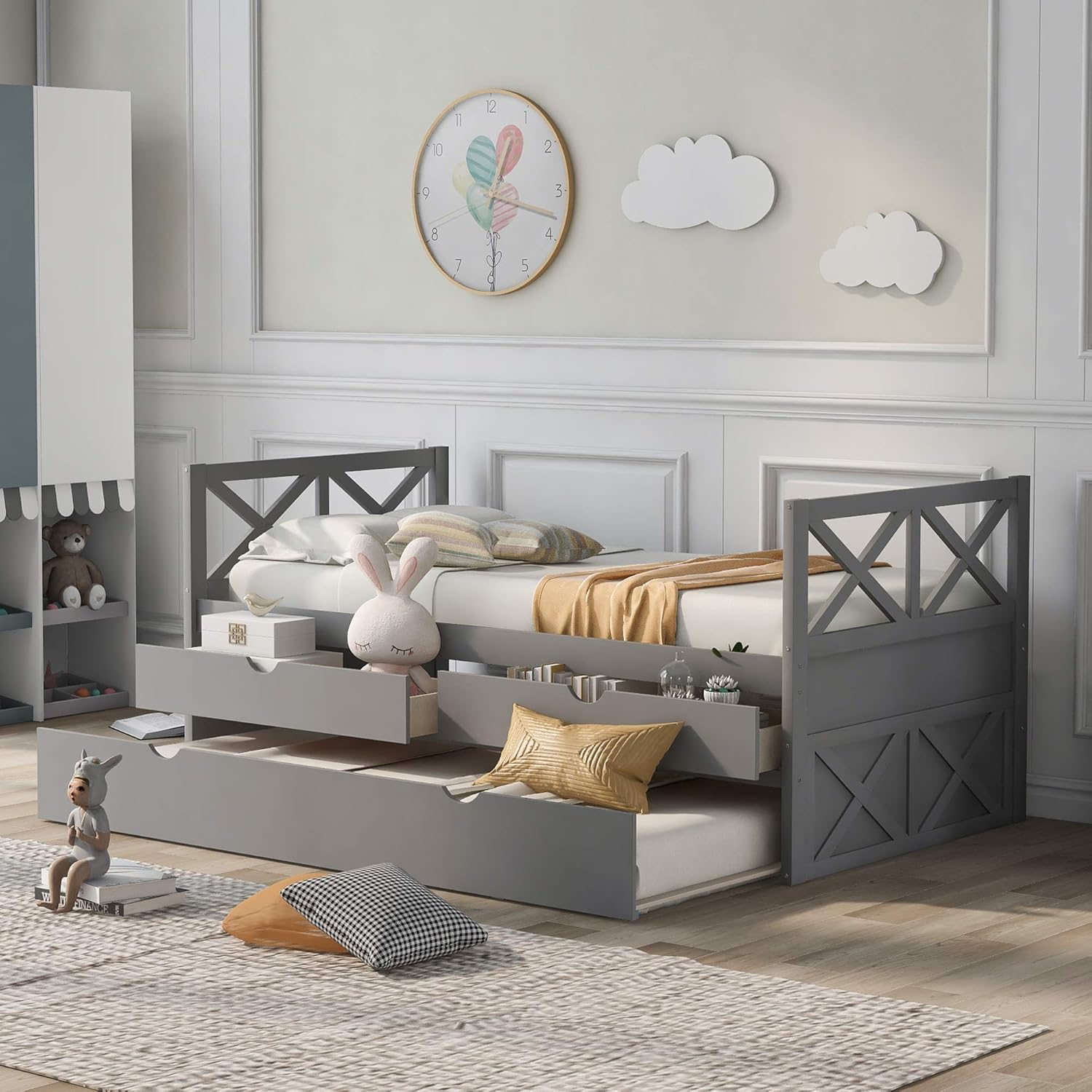 White Twin Captain's Bed with Trundle and Drawers E91675