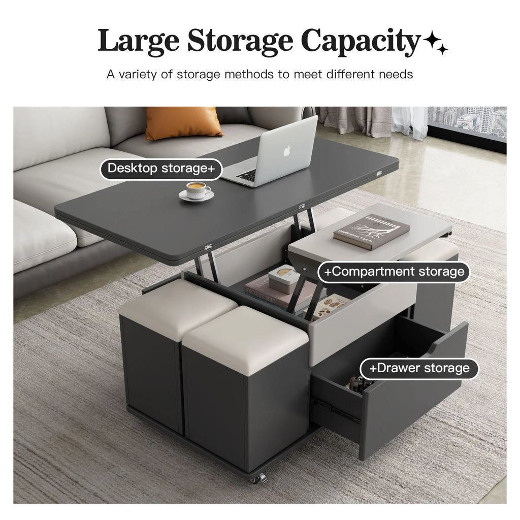 3 in-1 Lift Top Coffee Table with 4 PU Stools E8266