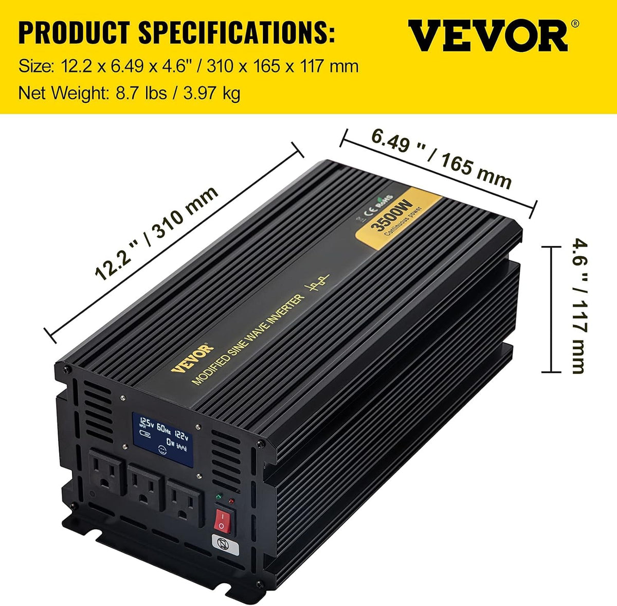 3500W Modified Sine Wave Power Inverter, DC 12V to AC 120V, with LCD Display and Remote Controller X56606