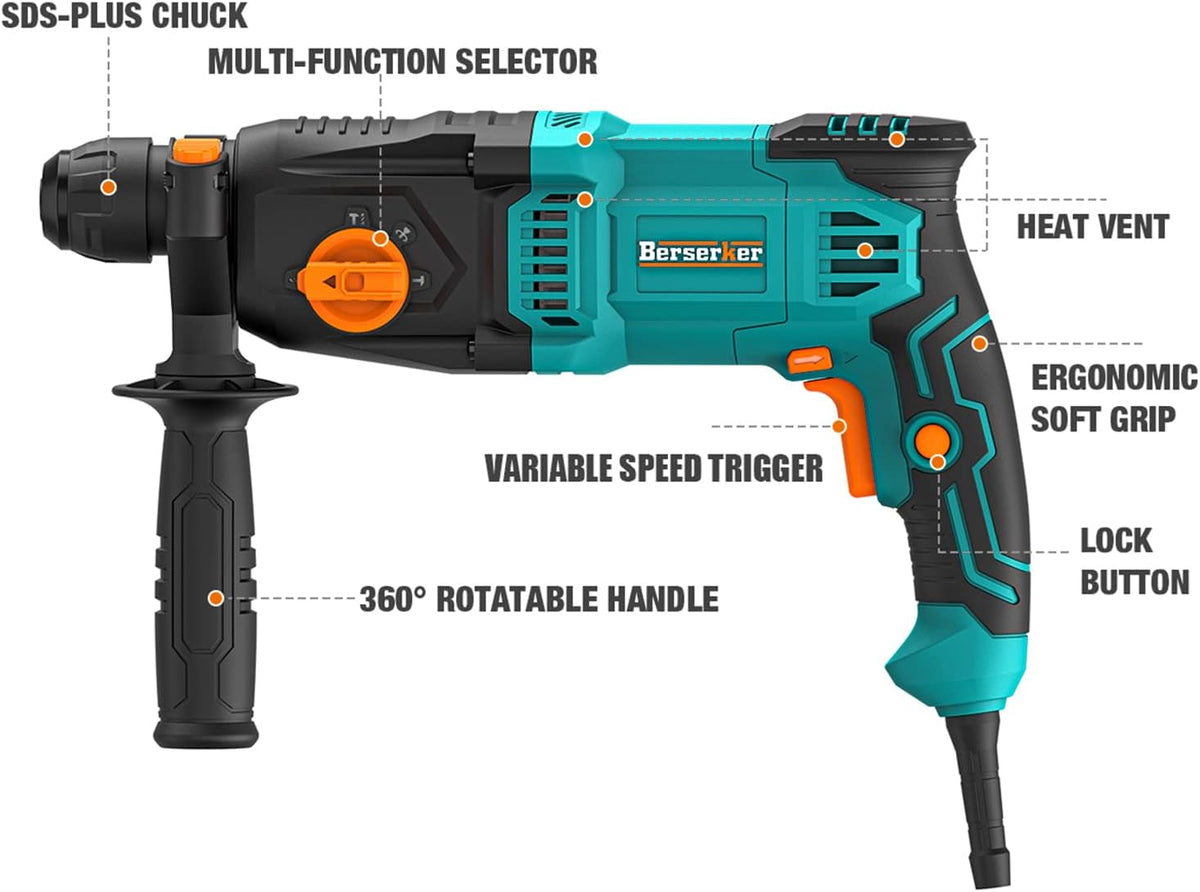 7 Amp 4 Functions Corded Rotary Hammer Drill with Safety Clutch, Including 3 Drill Bits, Flat Chisel, Point Chisel, Carrying Case O97871