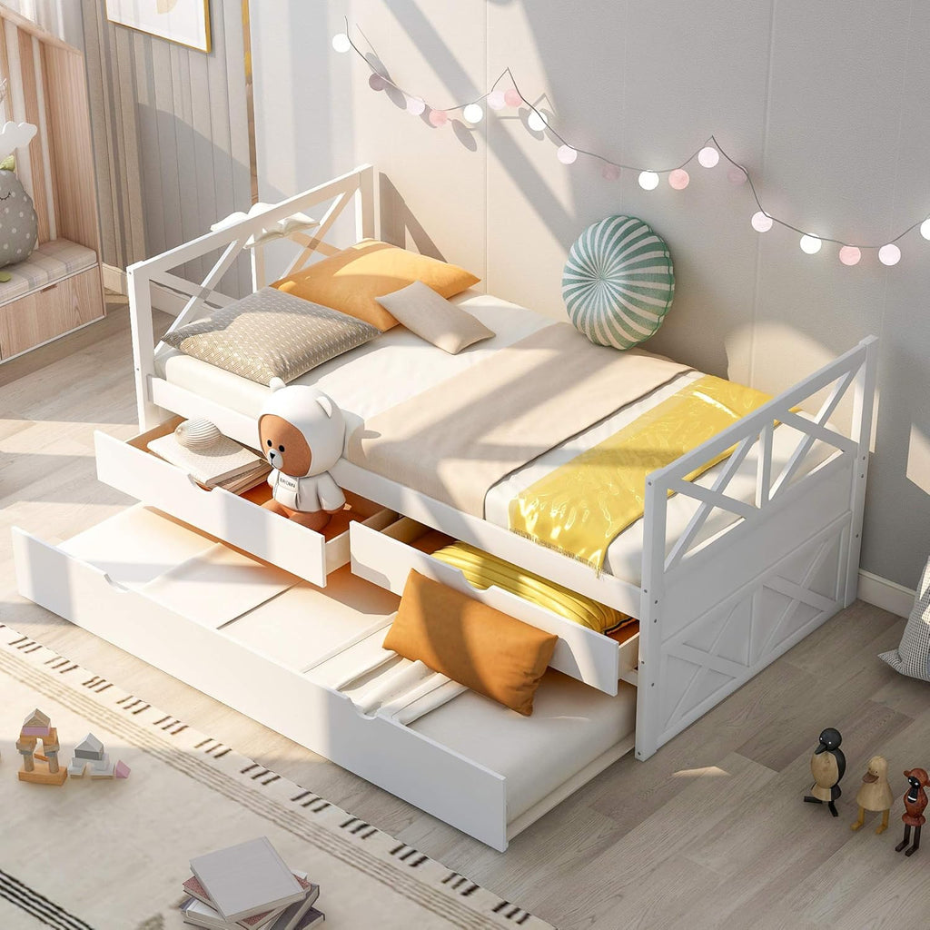 White Twin Captain's Bed with Trundle and Drawers E91675