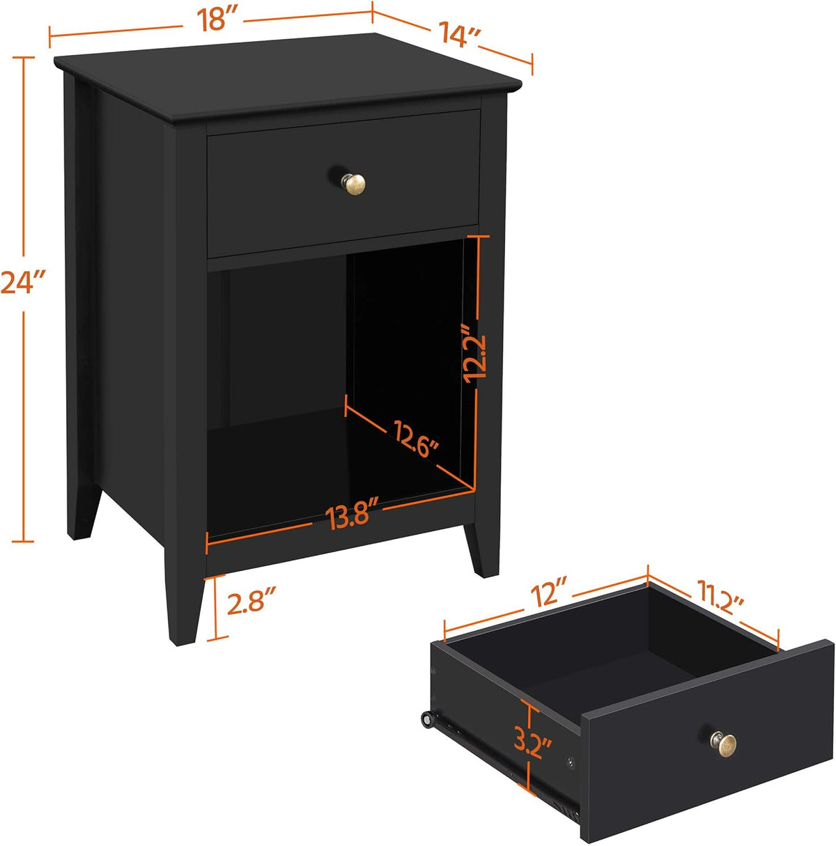 Black Wood Side End Table with Drawer and Open Storage Cabinet, Set of 2 O32378