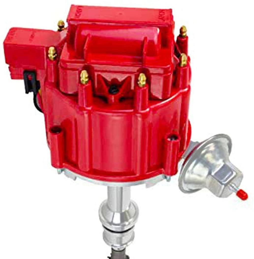 HEI Distributor 65K Coil Complete with 8mm Red Silicone Spark Plug Wires and Battery-Pigtail Harness Kit X245782