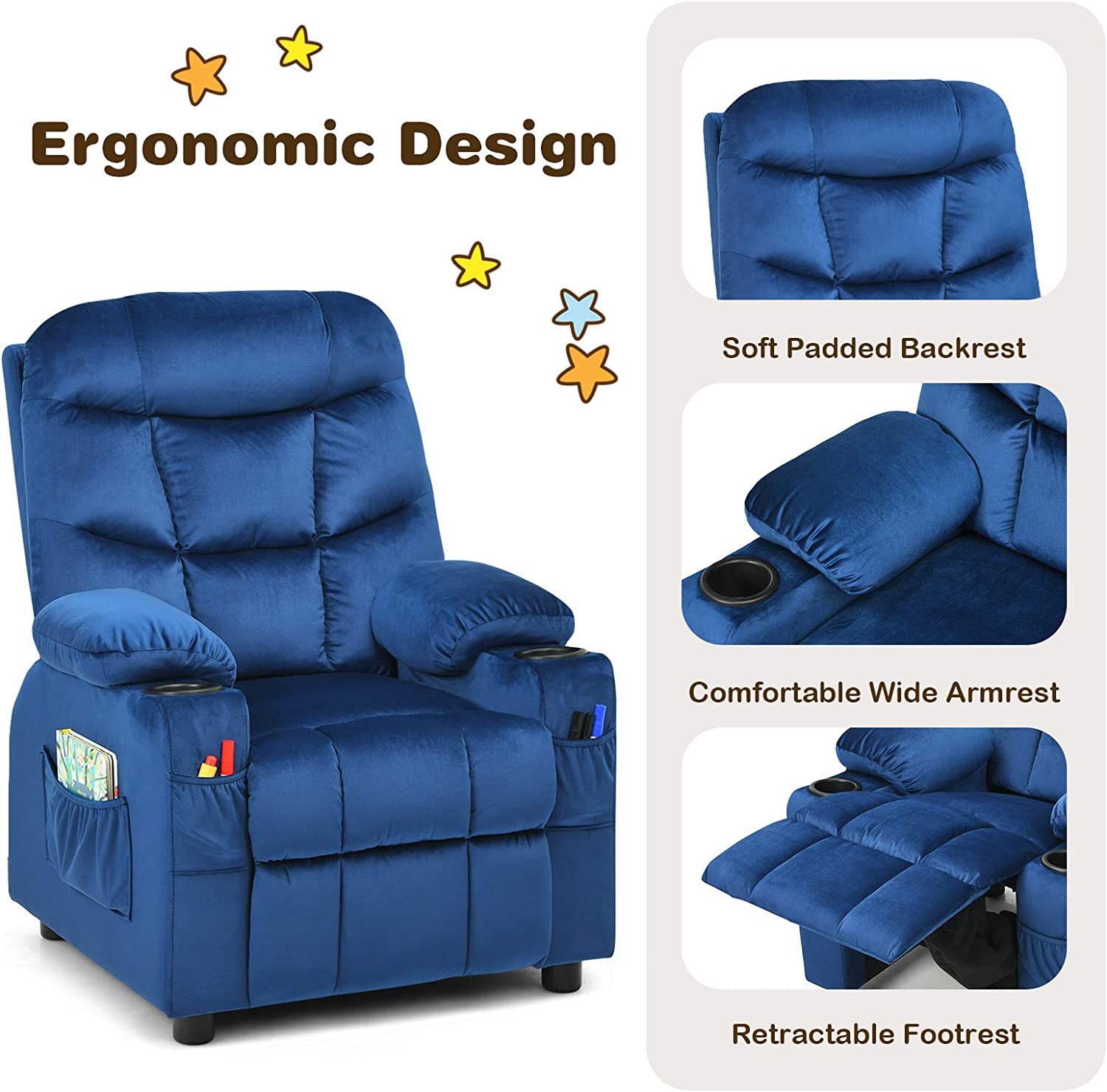 Rose Velvet Kids Recliner Chair with Cup Holder U782