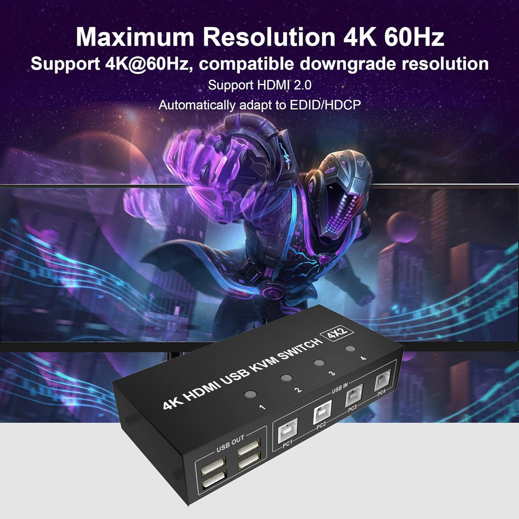 4 Port HDMI KVM Switch 4K@60Hz 4 in 2 Out B930
