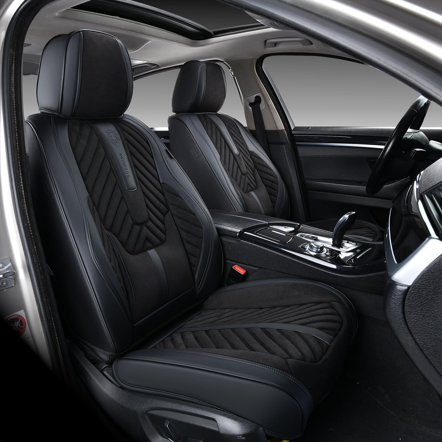 Black Suede and Leather Front and Rear Car Seat Covers, 5 Seats V156
