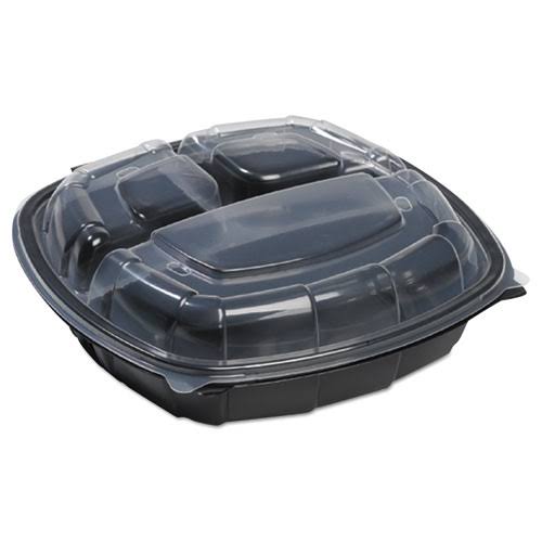 Black Base Clear Lid 3-Compartment Hinged Square Container R320048