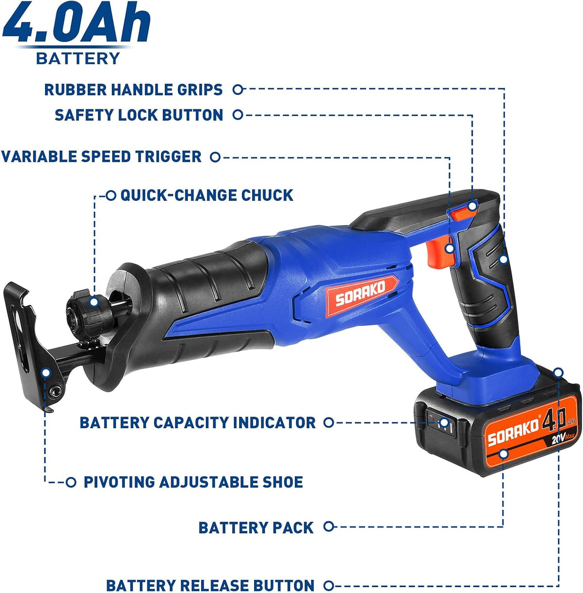 Cordless Reciprocating Saw with 4.0Ah Battery and Charger, 2 Blades A2576