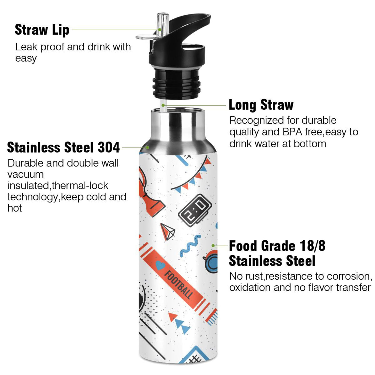 Stainless Steel Insulated Thermos Vacuum Flask Water Bottle with Straw Lid K65038