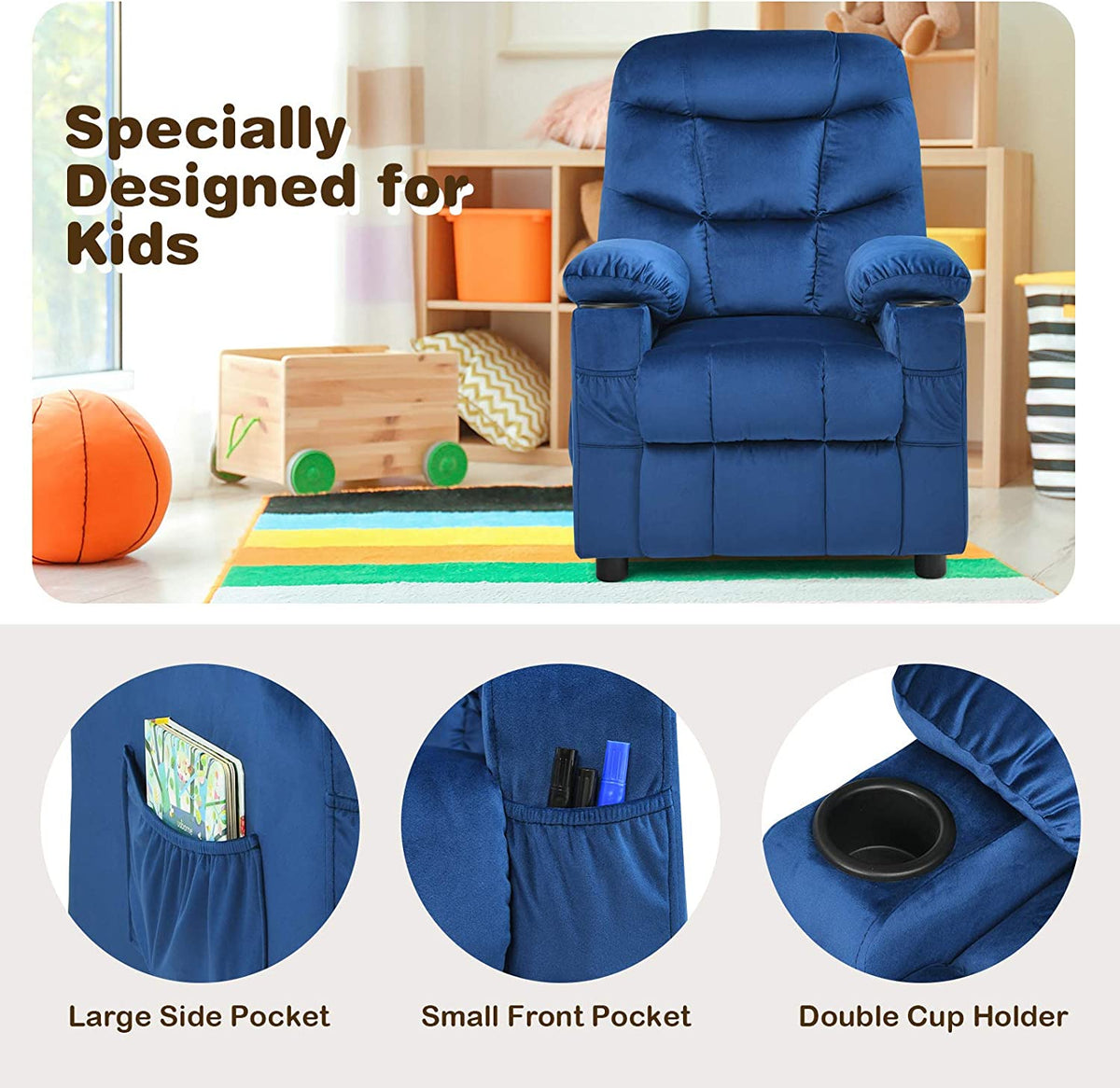 Rose Velvet Kids Recliner Chair with Cup Holder U782