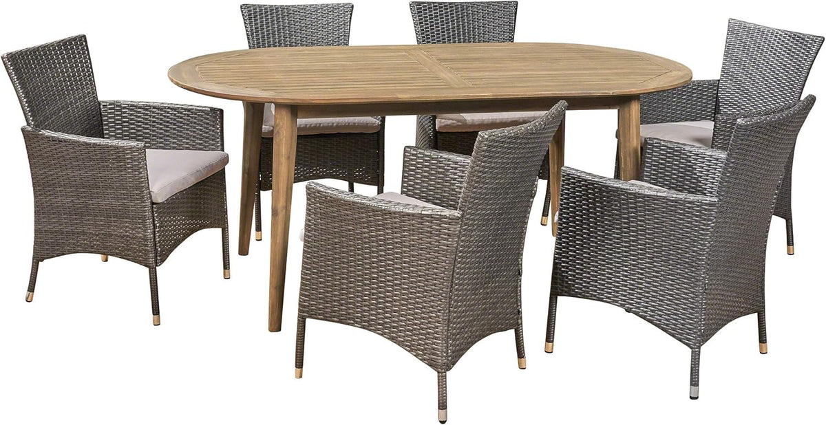 Gray 7-Piece Acacia Wood Dining Set with Wicker Chairs D594