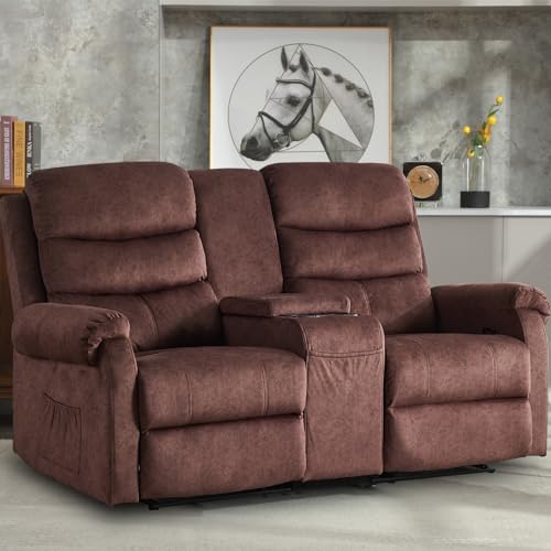 Grey Linen Manual Loveseat Recliner with Storage Console F3942