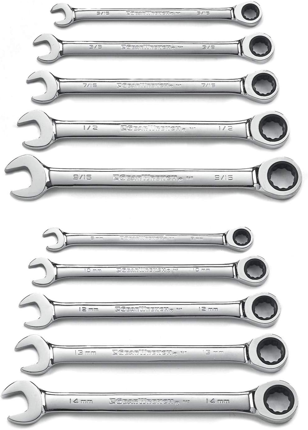 Ratcheting Combination SAE/Metric Wrench Set 10 Pc., 12 Point P16665