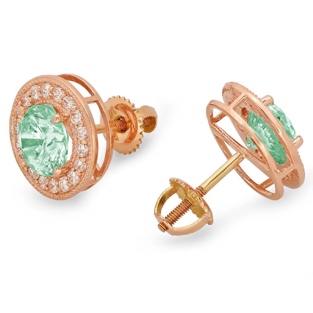 Green Simulated Diamond Halo Stud Earrings 18K Rose Gold Screw Back F6056