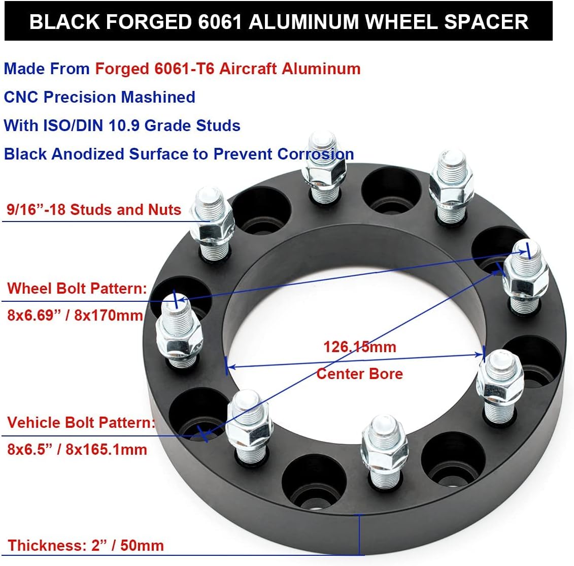 Black Forged 8x6.5 to 8x170 Wheel Adapters 2 Inch with 9/16" Studs Pack of 2 M180