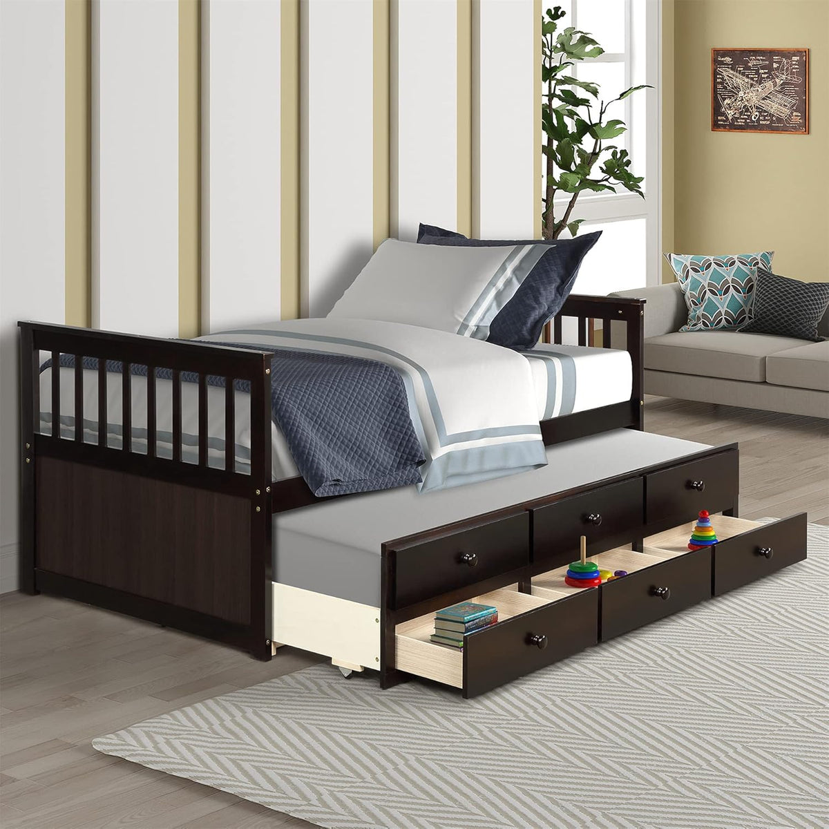 White Twin Captain's Bed with Trundle and Drawers E91675